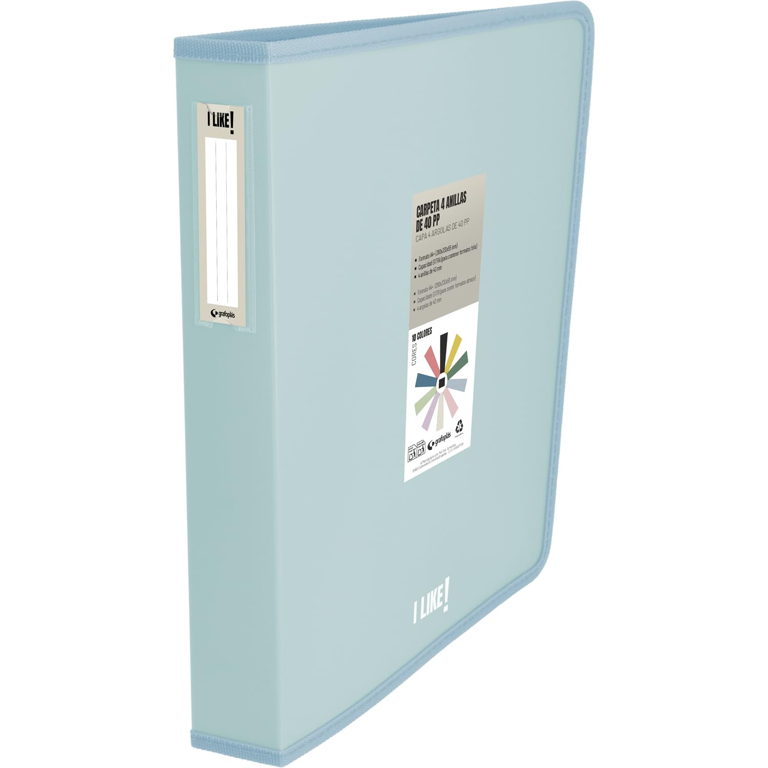 Grafoplas - Classeur à 4 anneaux en plastique, A4+, bleu clair, collection Papeterie Like, polypropylène semi-rigide opaque, anneaux en forme de D 40 mm, capacité supplémentaire documents DIN A4 et