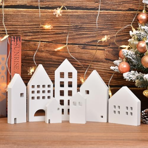 IDATOO Wooden House Blocks for Tiered Tray Decoration, 7 PCs