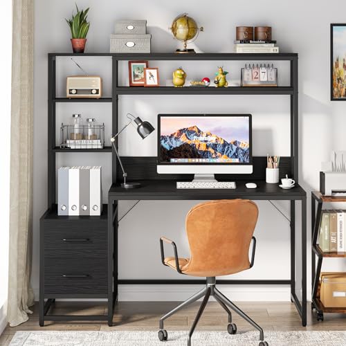 Image of Tribesigns 55 Inch Computer Desk with 2 Drawers and Storage Shelves, Rustic Office Desk with Hutch, Study Writing Gaming Table Laptop Workstation for Home Office (Black)