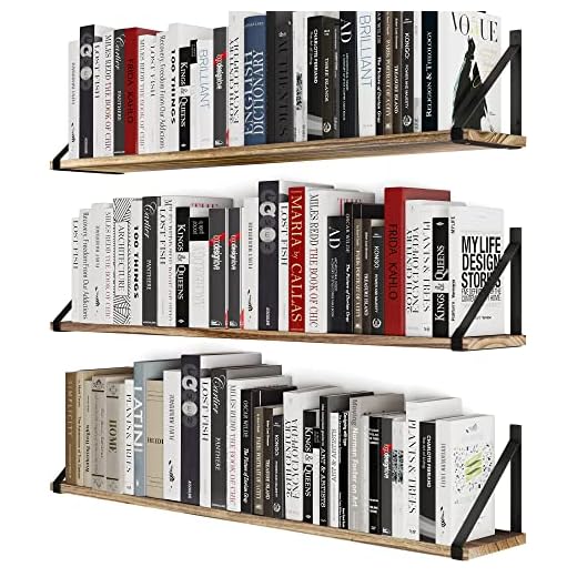 Wallniture Bora 36 Inch Large Floating Shelves for Wall Storage, Floating Bookshelf Set of 3, Burned Wood Wall Shelves for Books