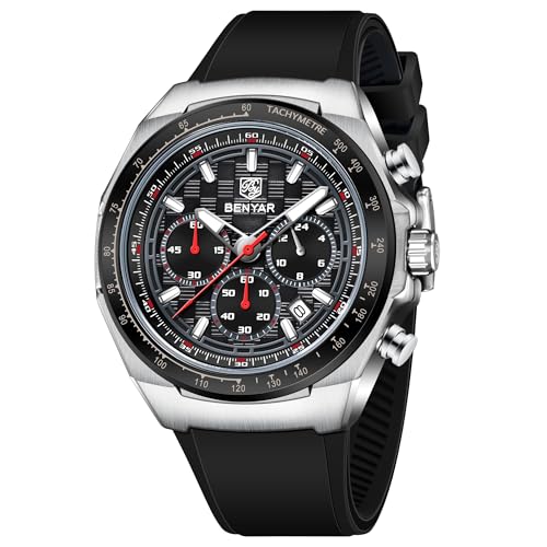 BENYAR Men's Chronograph Sport Watch - Stainless Steel Case with Black Silicone Band, Tachymeter Bezel, Waterproof Quartz Wrist Watch