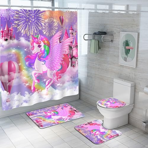 Planially 4Pcs Unicorn Kids Shower Curtain Set with Memory Bath
