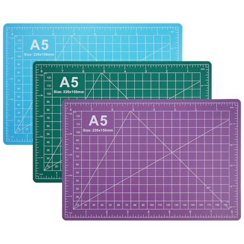 3 Piezas Base de Corte con Cuadrícula A5 de Doble Cara, 22x15cm Tapete de Corte Autocuración, Tabla de Corte Colorido, PVC Estera de Corte, para Coser, Manualidades y Patchwork (Azul Verde Morado)