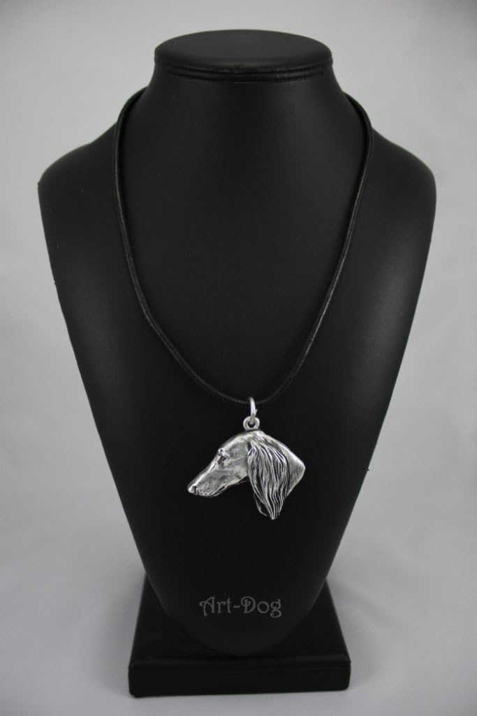 Art-Dog Silver-Plated Dog Pendant on a Leather Strap - Dog Necklace from ArtDog Collection – Silver Dog Necklaces for Men and Women – Dog Breeds Jewelry – Saluki