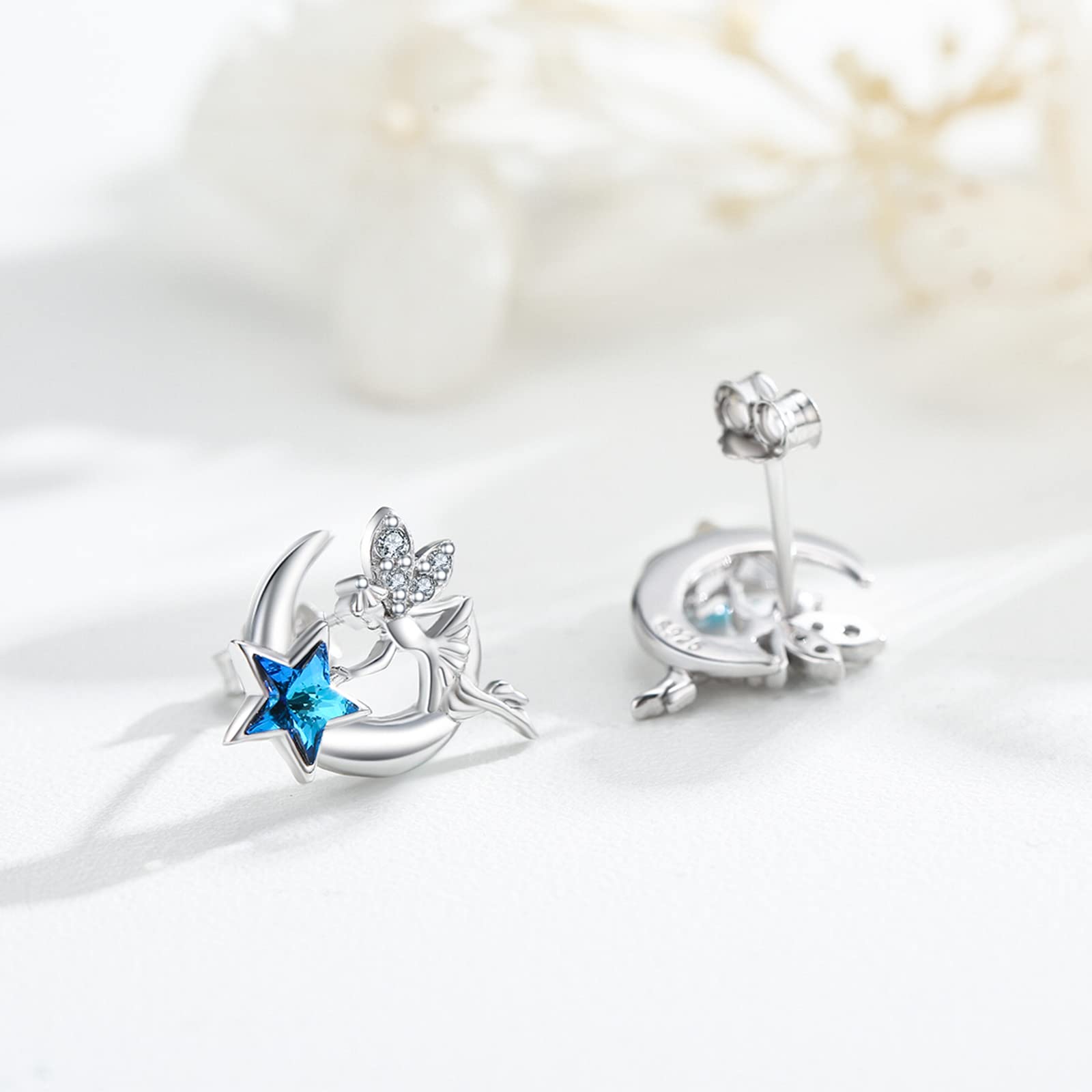 Mond Elfe Fee Ohrringe 925 Sterling Silber Elfen Halbmond Stern Ohrstecker mit blauem Kristall Fee Schmuck Geburtstage Geschenke für Frauen