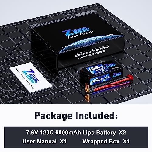 Zeee 2S Shorty Lipo Battery 6000mAh 7.6V 120C Hard Case with 5mm Bullet to T Connector High Voltage Battery for RC 1/10 Scale Vehicles Car Trucks Boats RC Models (2 Pack)