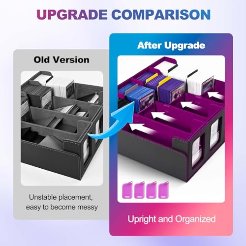 Image of UAONO Trading Card Storage Box with Commander Display; 2400+ Deck Box for MTG with Removable Cover; Top Loaders Card Case fits Magic TCG PTCG Sports Cards; 24 Dividers, 4 Stoppers (Black, Purple)