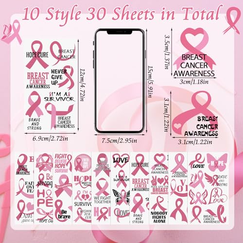 WANDIC 30 Sheets Breast Cancer Awareness Temporary Tattoos - Image 2
