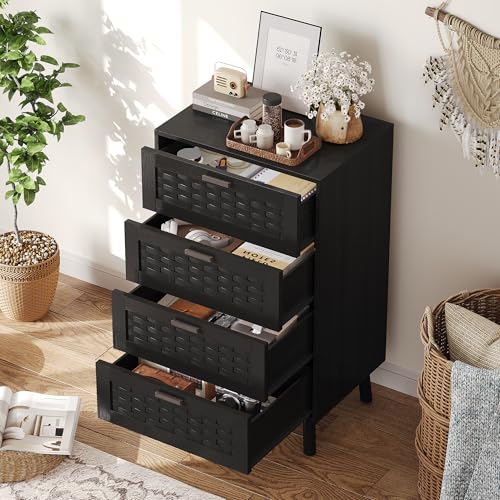 Holtrae Cómoda con 4 cajones, aspecto de ratán, tiradores y patas estables de madera, moderno, armario con cajones, 55 x 40 x 95 cm, para dormitorio, salón, entrada (negro)