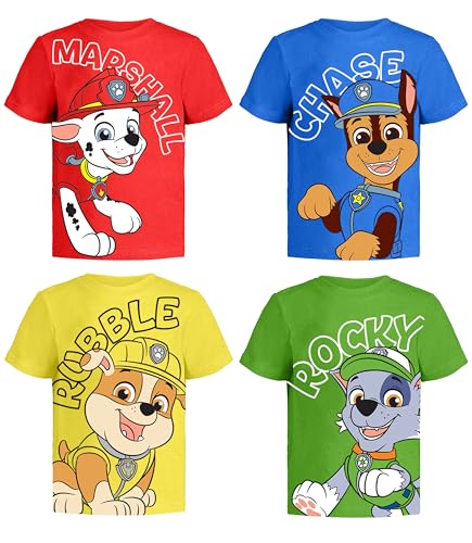 Paw Patrol Graphic T-Shirts (4 Pack) Rubble Chase Marshall Rocky Character Outfit Toddlers Birthday Boys 7 R/B/Y/G SS