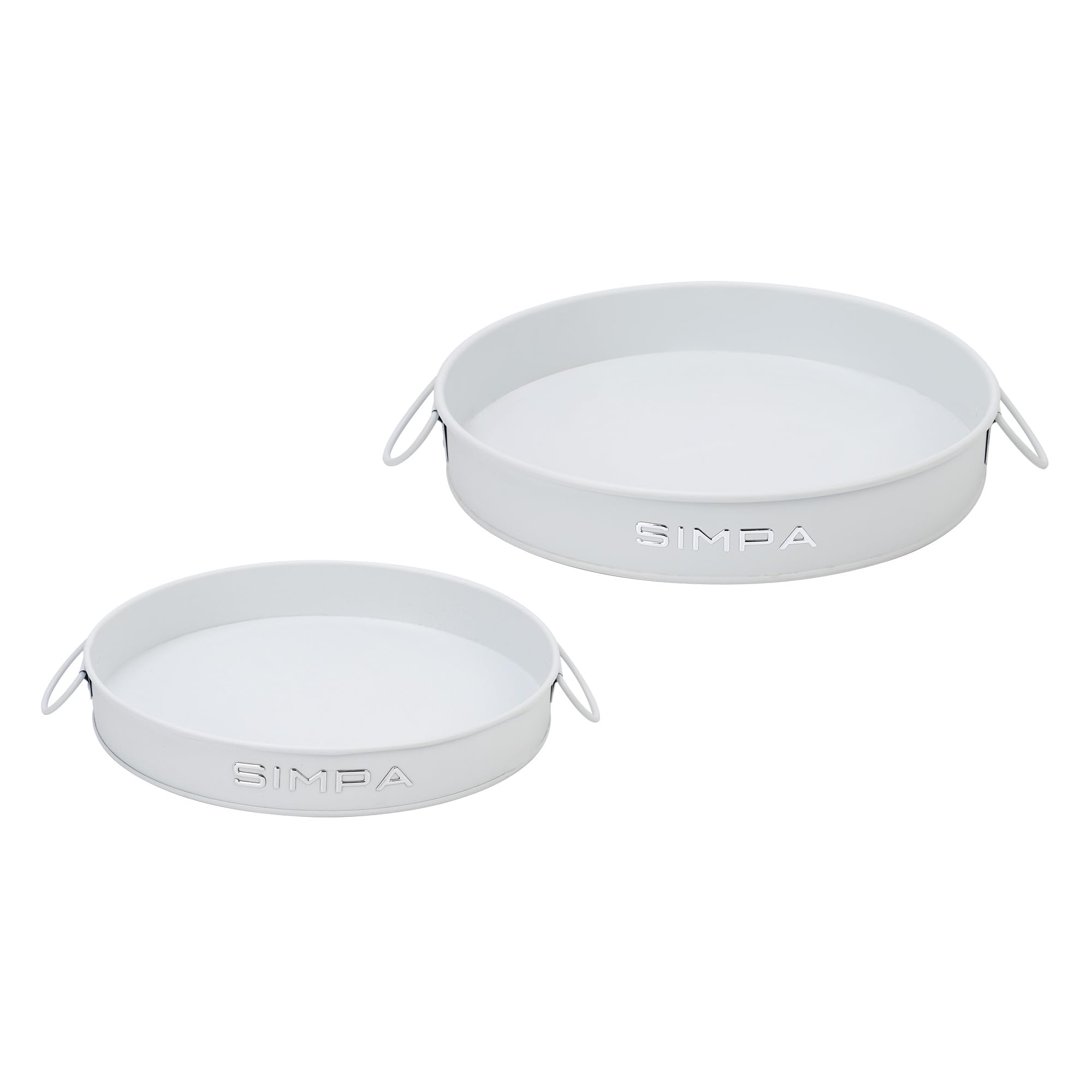 Simpa Matt White Round 2Pc Metal Colour Serving Trays Set With Handles, 30Cm & 25Cm Diameter Trays