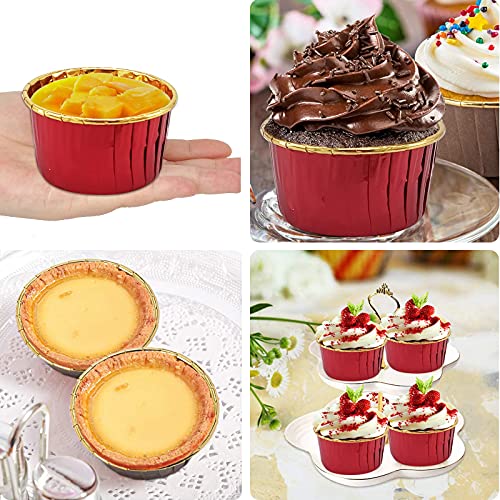 Cupcake Liners With Dome Lids 100 Pack,Lnyzqus 5.5Oz Foil Baking Cups Muffin Tin,Large Cupcake Wrappers Souffle Pudding Ramekin Holders For Christmas Wedding Birthday Party,With Spoons-Red In Gold #TOP5