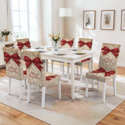 Image of Merry Christmas Dining Chair Covers Set of 4, Red Bow Slipcovers