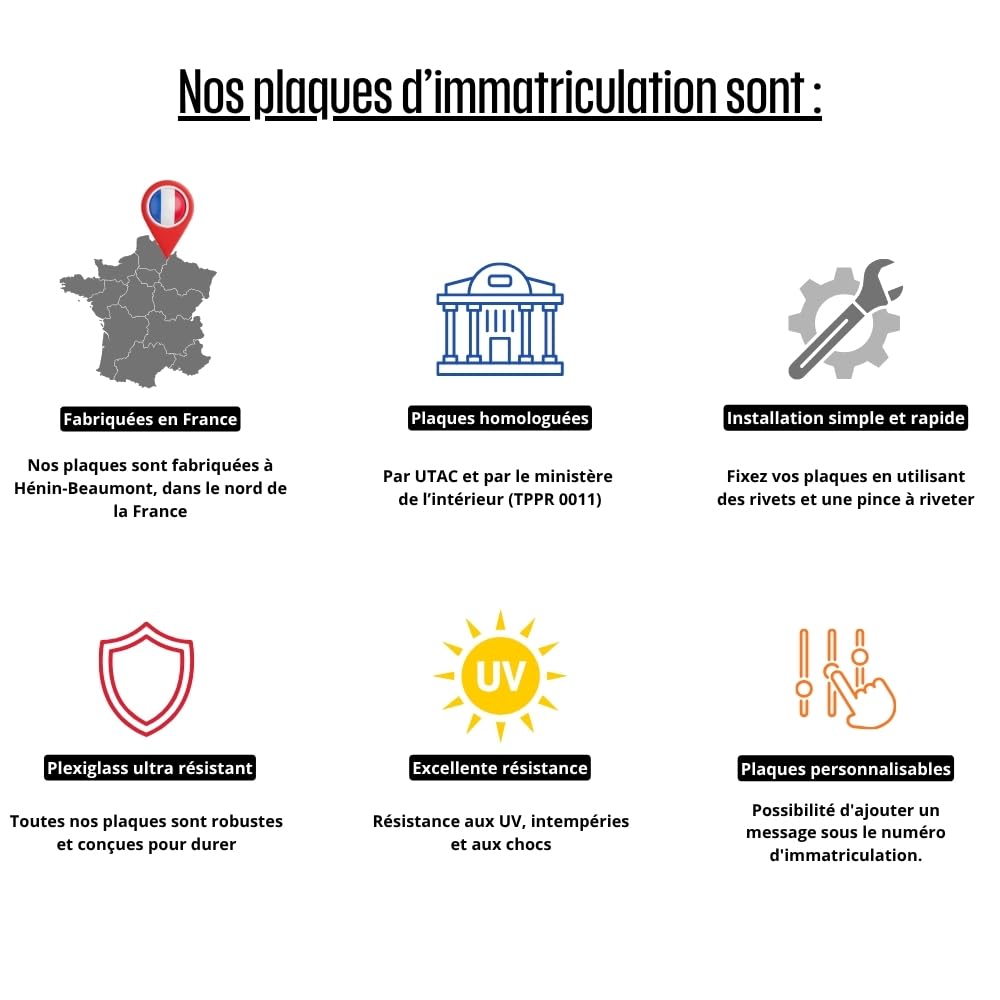 Plaque immatriculation homologuée plexiglas 210x130 mm – Moto – Made in France