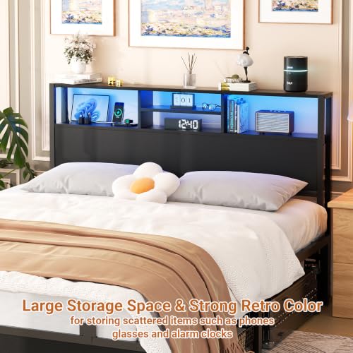 Image of Aheaplus Headboard for Queen Size Bed with Storage, Headboards with Outlets | Queen Size Head Board Only, USB Ports and LED Light, Height Adjustable, Reversible, Sturdy and Stable Headboard, Black