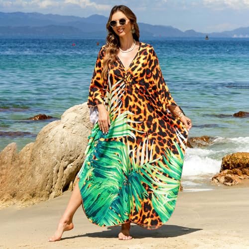 Image of IMAGEKOPE Women's Plus Size Animal Print V-Neck Batwing Kaftan Beach Dress Bathing Suit Cover-Up Loungewear