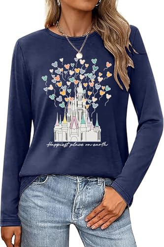 Happiest Place On Earth Shirt Women Magical Castle Balloon Graphic Long Sleeve Holiday Vacation Trip Top Greyblue M
