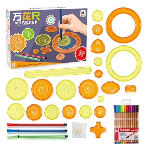 Spiral Art Gear Geometric Ruler for Drawing Plastic Spiral Circle Template Ruler Drawing Toy+12 Color Scoring Pen Set