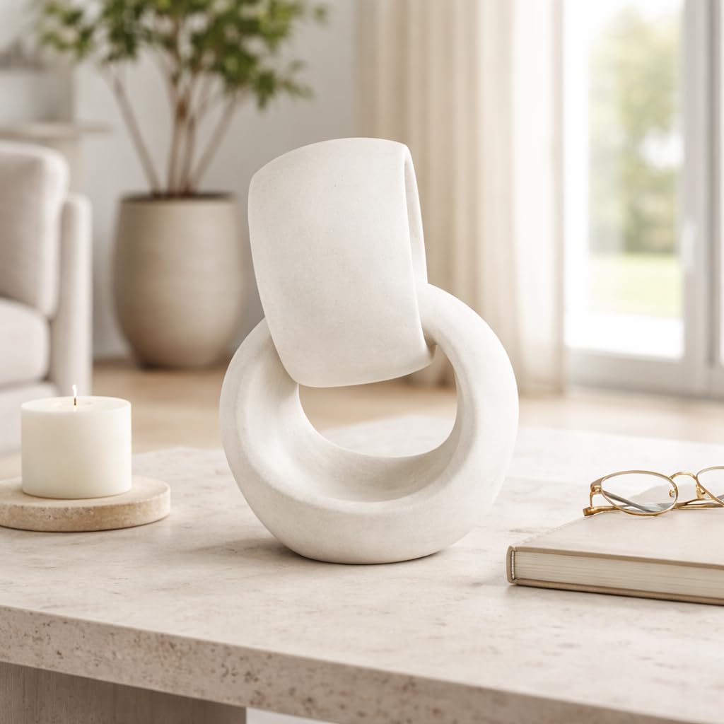 Abstract Ring Resin Sculpture for Home Decor - Striking Living Room Accent for Bathroom Vanity and Coffee Table - Decorative Office Ornament for Shelf, Table, or Desk Display - 13", White
