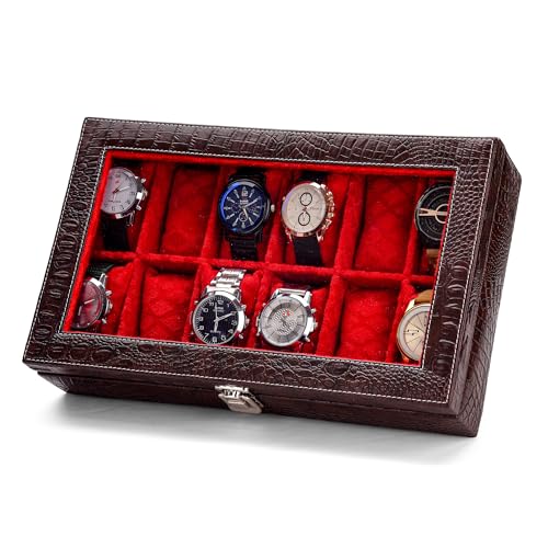 Image of NAAZS Luxury 12 Slot Watch Organizer Box for Men-Leather Storage Case with Transparent Lid & Soft Velvet Lining-Wrist Watch Display Box, Jewelry Holder, Travel Case-Perfect Gift for Collectors