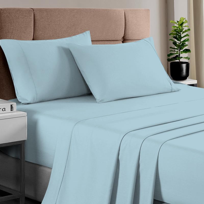 Pizuna Pure 100% Cotton Sheets RV King Size, Luxurious 400 Thread Count Long Staple Cotton Sateen Sheets RV King with 15inch Deep Pocket (Combed Blue Fog)
