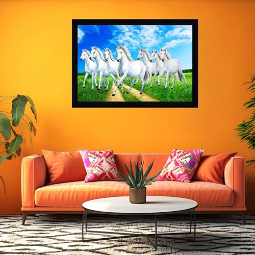 Image of Indianara Vastu Running Seven Horse Painting With Frame 20 Inches X 14 Inches (Style 2)