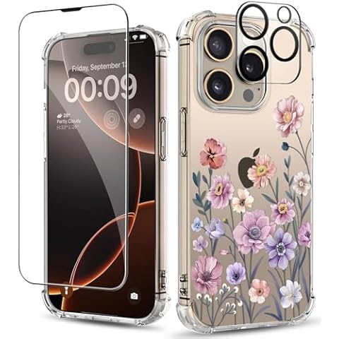 ilnehc for iPhone 16 Pro Max Case,[3 in 1] with Screen Protector & Camera Lens Protector, Flower Pattern Design,Clear Soft Shockproof Slim Floral Phone Cover for Women Girls 2024 6.9" Cover