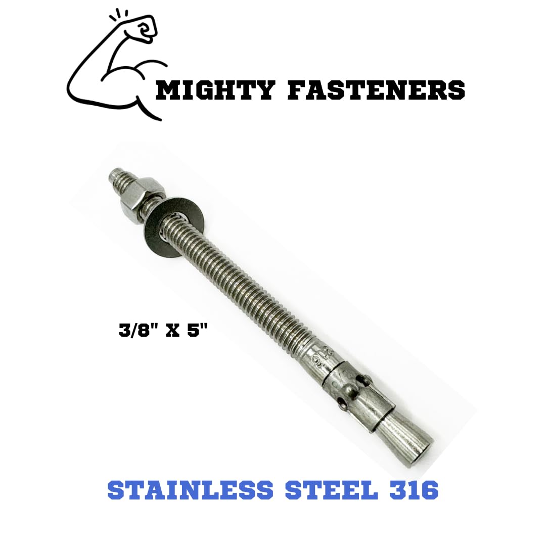 MIGHTY FASTENERS Ancoraggio a cuneo in acciaio inossidabile 316, 3/8-16 x 5, resistente alla corrosione, per applicazioni in calcestruzzo e muratura, confezione da 5