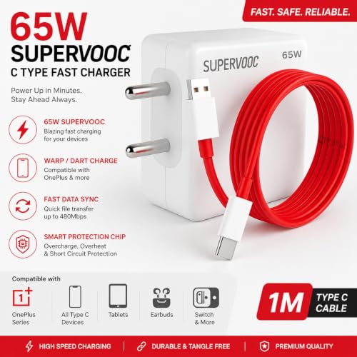 Image of C Type Charger Cable Fast Charging - 65W | USB-A Charger with 1M Type C Cable | Warp /Dart Charge Compatible with OnePlus Mobile & Other Type C Devices | Fast Data Sync & Smart Protection Chip