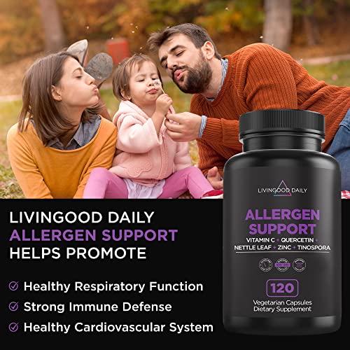 Livingood Daily Allergen Support - Quercetin, Stinging Nettle, Vitamin C, Zinc, Bromelain & Guduchi - Seasonal Allergy Relief - Natural Antihistamine - Superior Immune Support Supplement, 120 Capsules #TOP4
