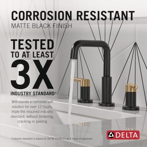 Image of Delta Nicoli Matte Black / Brushed Gold Faucet 3 Hole, 8 Inch Widespread Bathroom Sink Faucet for Vanity, Push-Pop Drain Assembly, Matte Black / Champagne Bronze 35849LF-GZ