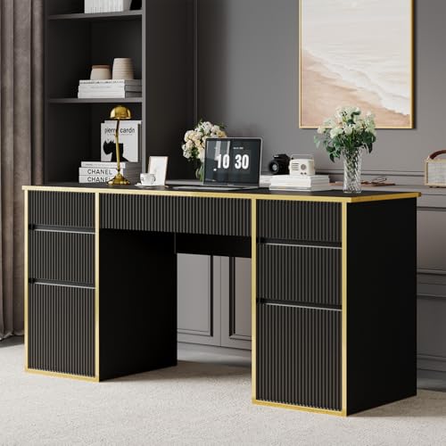 MaverickFurni Black Computer Desk with Drawers, 58 Inch Home Office Desk with File Drawers for Bedroom, Executive Desk with Storage for Study, Black and Gold