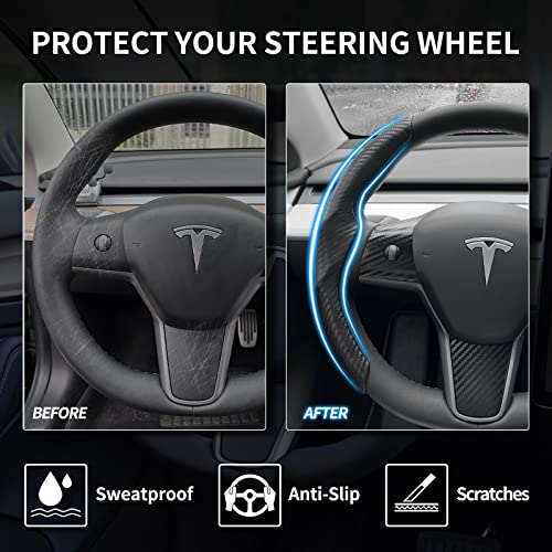 Uxcer Tesla Model 3/Y Steering Wheel Cover, Carbon Fiber Steering Wheel Wrap Stickers For Tesla Model 3 Model Y 2017-2021 2022 2023 Interior Accessories, Black #TOP1