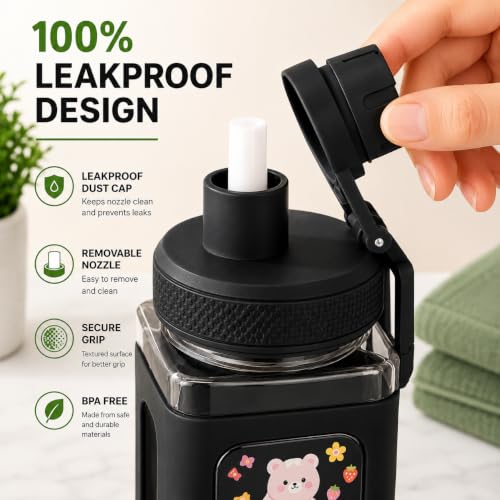 Image of Kawaii Water Bottle with Straw and Sticker, Kawaii Bear Water Bottle, Large Sport Plastic Portable Square Drinking Bottle for Girl, Cute Juice Tea Water Cups, 700 ML (BLACK)
