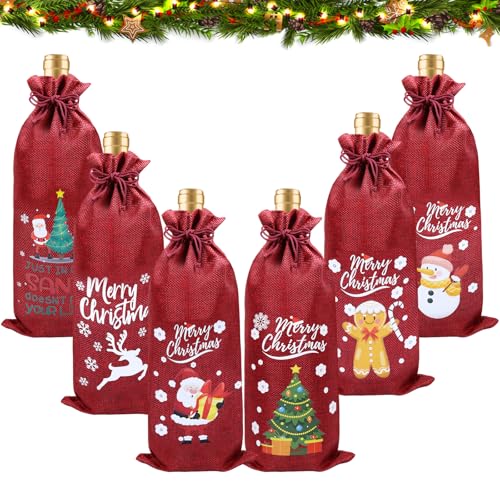 Vinväska jul, jute vinpåse, jul vinflaska lock, flaskpåse jul med dragsko, julflaskor dekoration för hem middag fest dekoration & bordsdekoration (röd), röd, vinväska