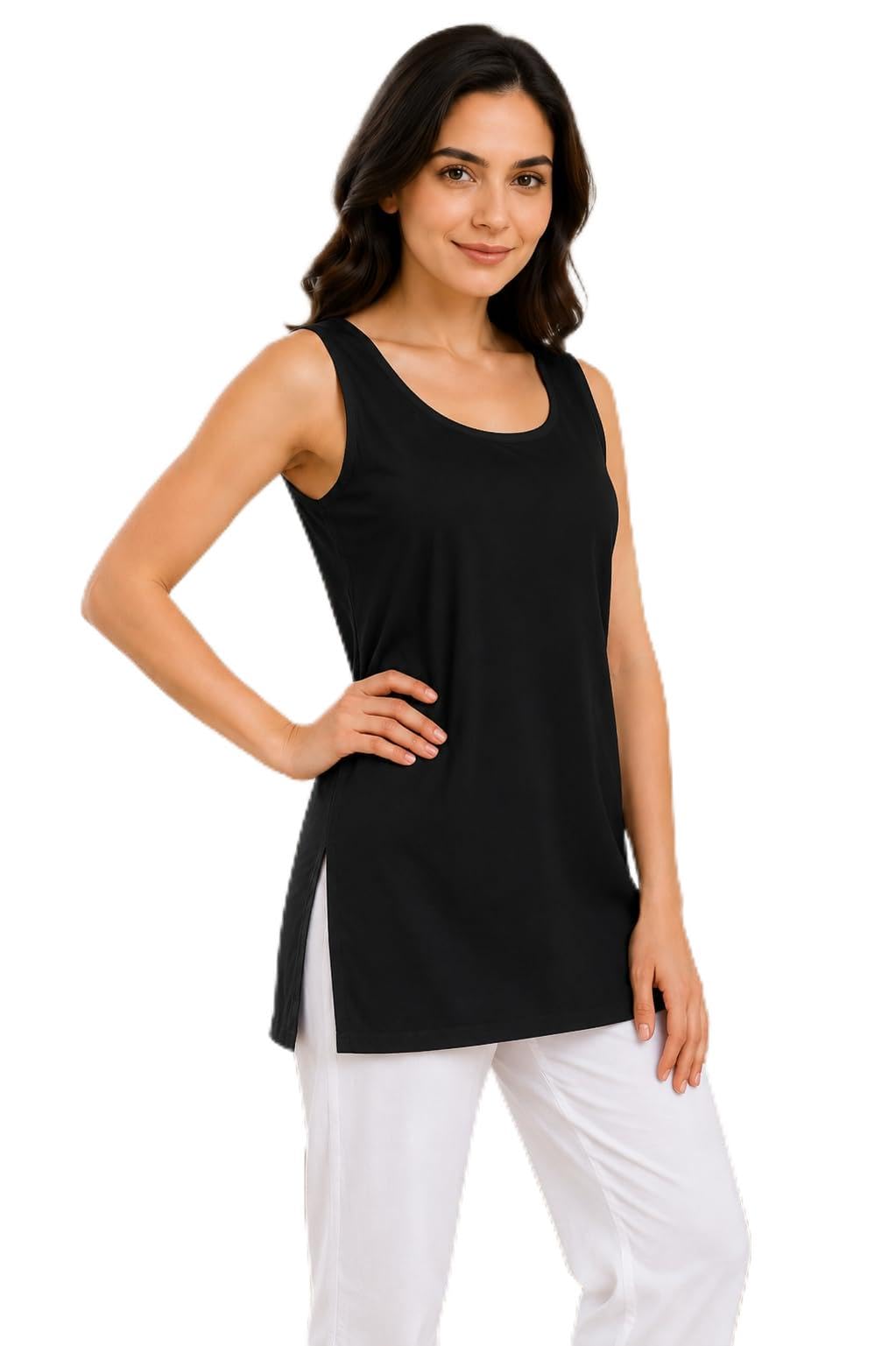 Women's Cotton Short Camisole Slip Sleeveless Half Length Inner Wear for Kurti Non-Stretch Waist Length Sameez Soft Summer Inner Vest Side Slit (28 Inch) Black-picture-21