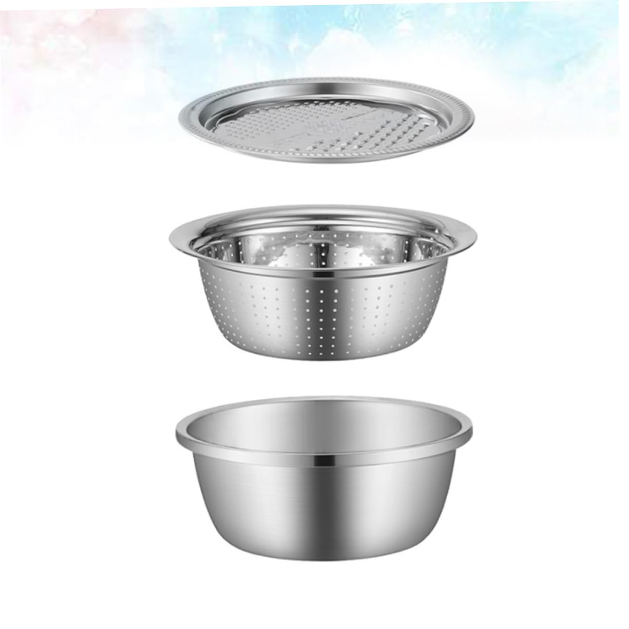PRETYZOOM Set Utensili da Cucina in Acciaio Inox 3 Pezzi, Bacinella Grattugia Multifunzione Argento, per Frutta e Radice Aromatica, Taglio e Scolatura Efficienti