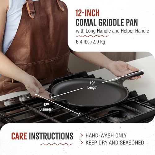 Image of Victoria 12-Inch Cast Iron Comal Pizza Pan with a Long Handle and a Loop Handle, Preseasoned with Flaxseed Oil, Made in Colombia