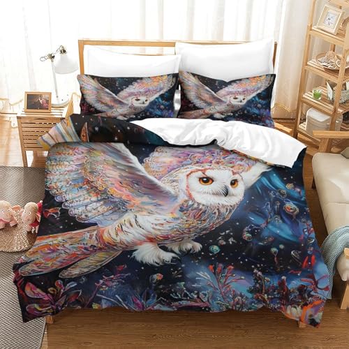 WXLWHR Housse De Couette Hibou Microfibre Douce Parure De Lit Imprimée Hibou Plumes Colorées avec Fermeture Éclair & Taies d'oreiller pour Garçons,...