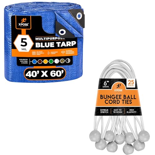 Image of 40' x 60' Multipurpose 5 Mil Blue Poly Tarp with Reinforced Grommets + 6 inch White Bungee Ball Cords (25 Pack) for Tarps, Canopies, Walls - Xpose Safety