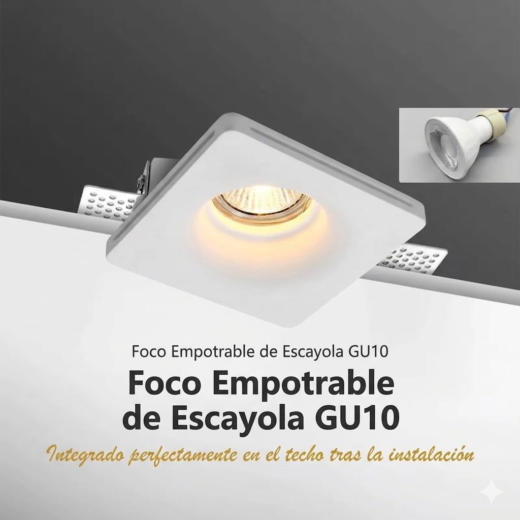 BARCELONA LED Downlight Empotrable Cuadrado de Escayola GU10 Trimless Ø120mm Blanco | Aro LED Techo Integrado Pintable | Diseño Moderno y Lujo Minimalista | Foco Empotrado para Pladur | Escayola pintable, diseño sin bordes, 120x120mm, interior IP20