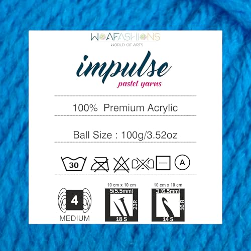 Image of WOAFashions Impulse Hand Knitting & Crochet Yarn, Premium Acrylic, 4 : Medium (Azure Blue) (2x100gms / 3.5oz / 200mtr / 218yds)