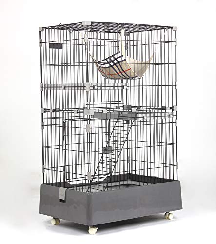 猫 ケージ キャットケージ 2段 猫トイレ付 キャスター付 ハンモック付 猫ゲージ おしゃれ キャットハウス ネコ ハウス 多段 留守番 保護 脱走防止 多頭飼い 多頭 スチール ペットケージ (グレー)