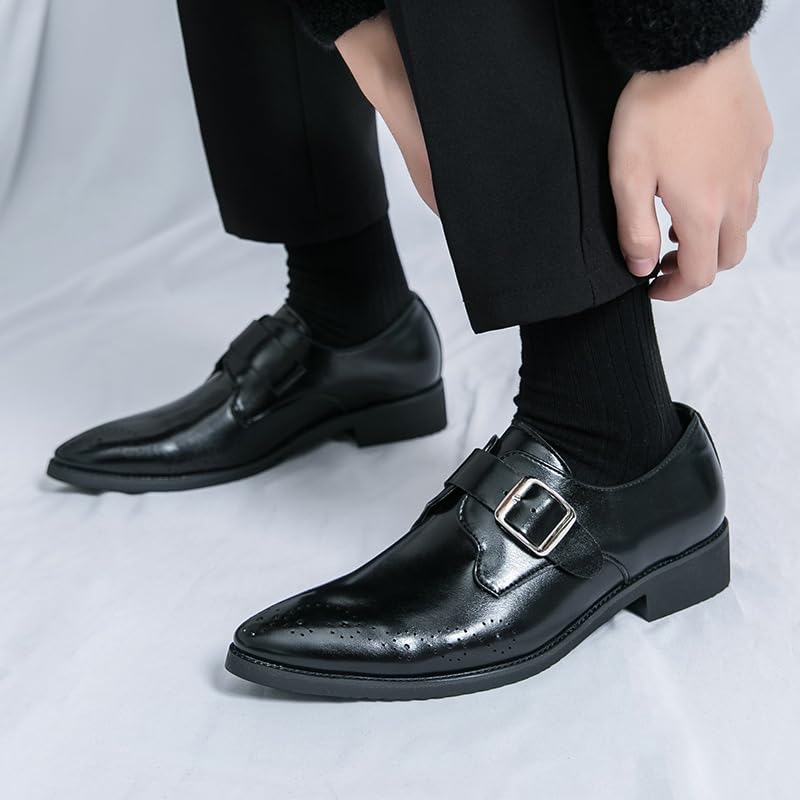 Men's Leather Monk Buckle Low Heel Dress Oxford Shoes Retro Round Toe Wing Tip Buckle Slip-On Flat Business Derby Shoes for Driving Office Work4