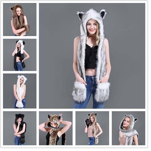 Animal Hood Hoods Furry Hoodie 3 in 1 Function Faux Fur Full Hood Hat Winter Warmer Cap Mittens Gloves Scarf Paws Ear3