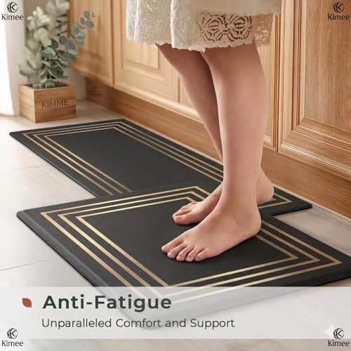 Image of KIMEE Kitchen Runner Mat (40x120 and 40x60cm) - Elegant Gold line Anti-Fatigue Floor Rug, Non-Slip Rubber Backing, Waterproof & Washable Heavy Duty Dirt Trapper for Home, Kitchen, and Hallways