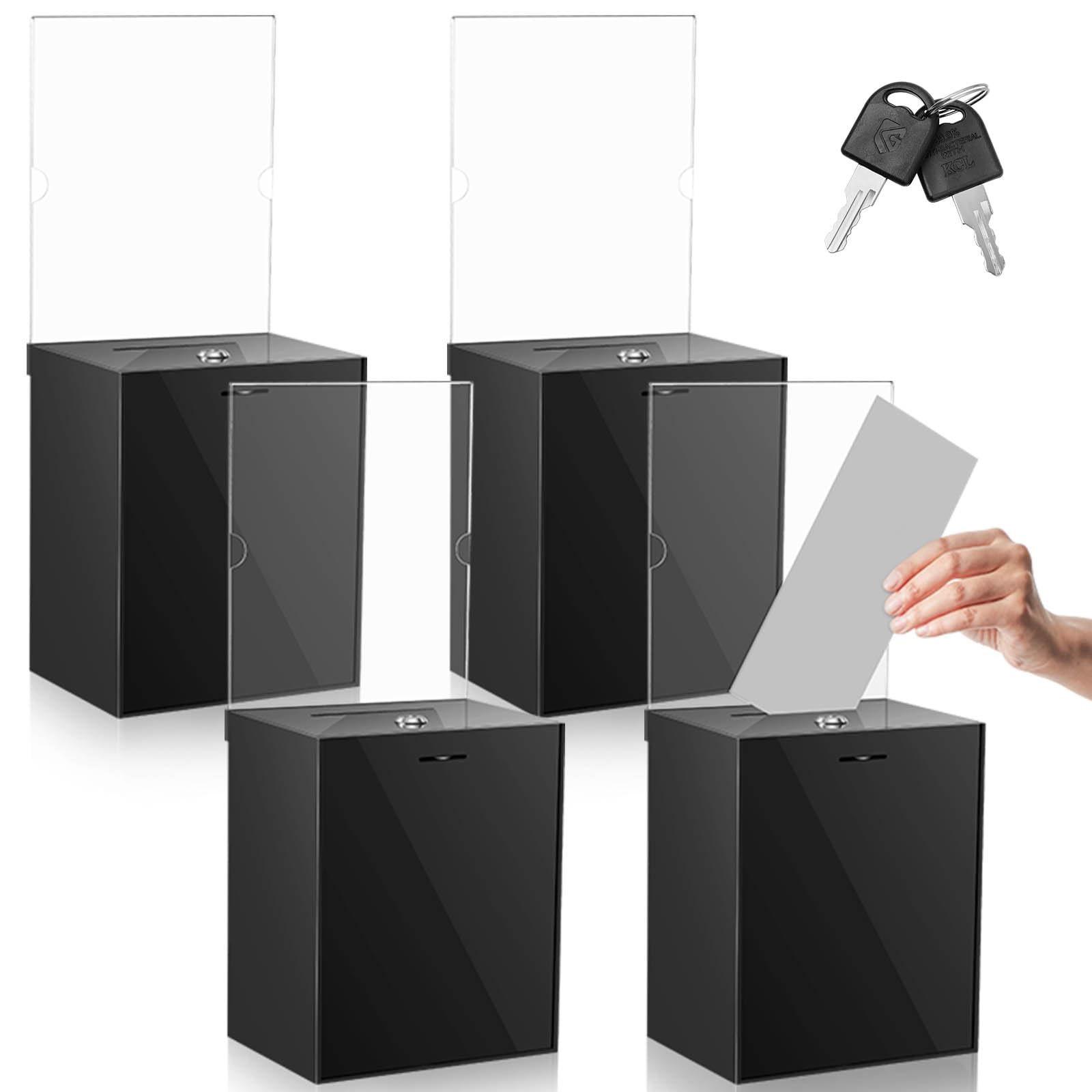 Sweetude 4 Pcs Acrylic Donation Box with Lock Suggestion Ballot Box with Sign Holder Large Locking Raffle Voting Box Container for Ticket Collection Fundraising 6.7 x 5 x 7.9 inch (Black)