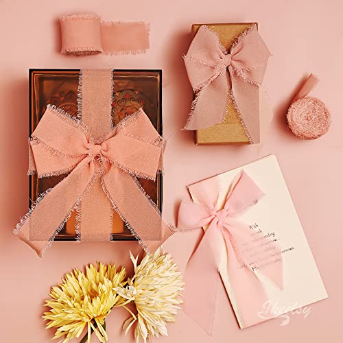 Chiffon Ribbon Fringe Fabric Ribbons 3 Rolls 1.5" Wide X 7 Yd Dusty Rose Ribbons Set For Wedding Decor, Gift Wrapping, Bridal Bouquets, Handmade Crafts #TOP4