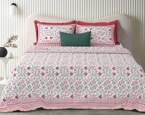 Image of Urban Jaipur 100% Cotton Bedsheet for Double Bed (90 x 108 Inches) | 210 TC King Size Bed Sheet for Double Bed with 2 Pillow Covers | Pure Cotton Jaipuri Bedsheet (Pink)