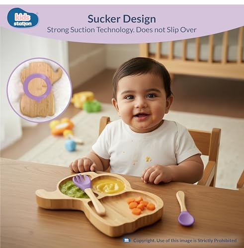 Image of Kids Station Elephant Wooden Feeding Plate with Spoon and Fork for Babies - Purple | Eco-Friendly Self-Feeding Baby Tableware Set (3 pcs)